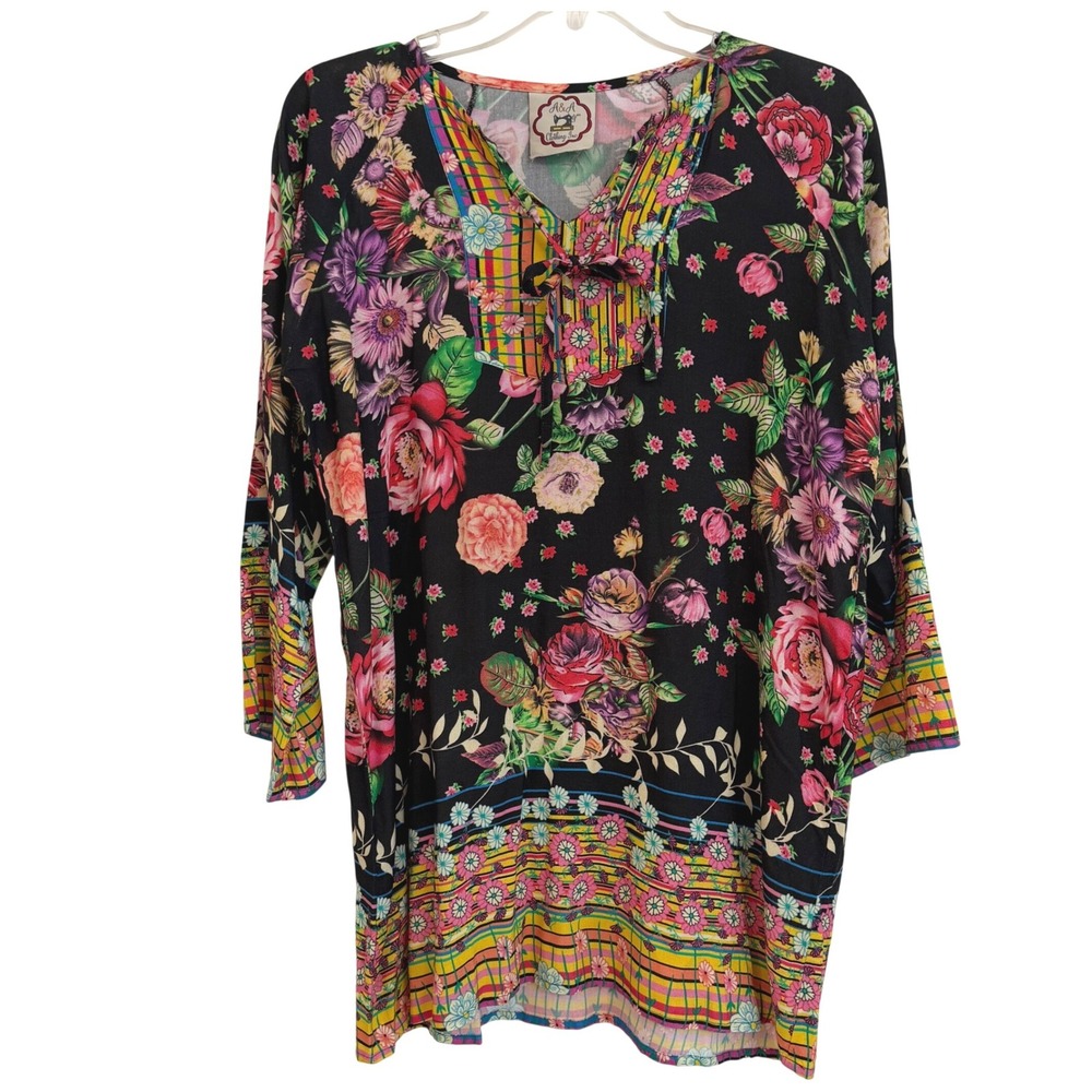 A&A Clothing Inc Floral Tunic Top Black Multi Color Boho Split Neck Tie EUC